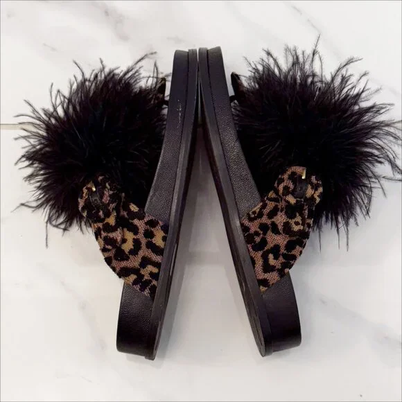 Aquazzura Boudoir Feather-Trimmed Black Animal Print Thong Sandals 7.5 - Picture 10 of 11
